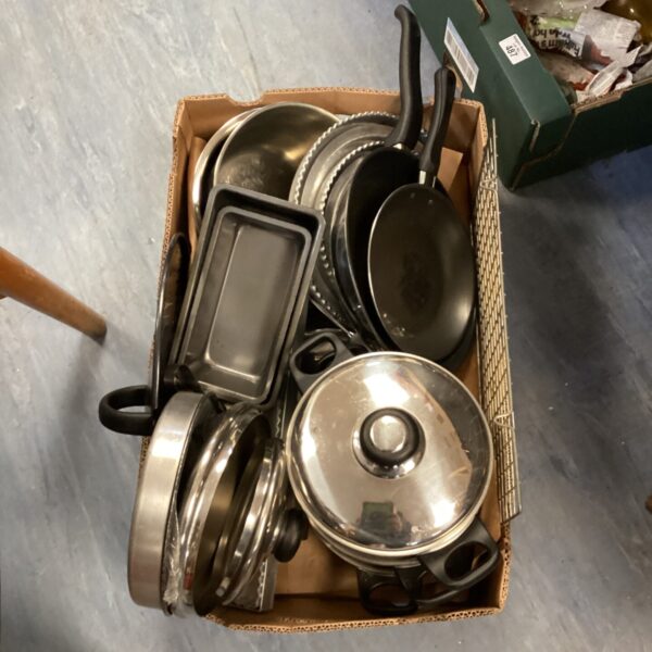 Stainless steel kitchen pots and pans set on a shelf.