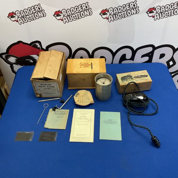 Vintage Kodak Film Tank and Smoothie portable iron, antique photography equipment.