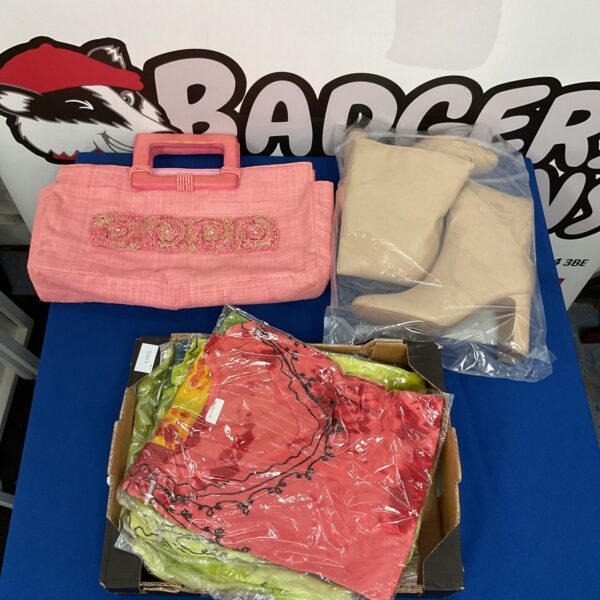Ladies clothing bundle with dresses, boots and handbag.