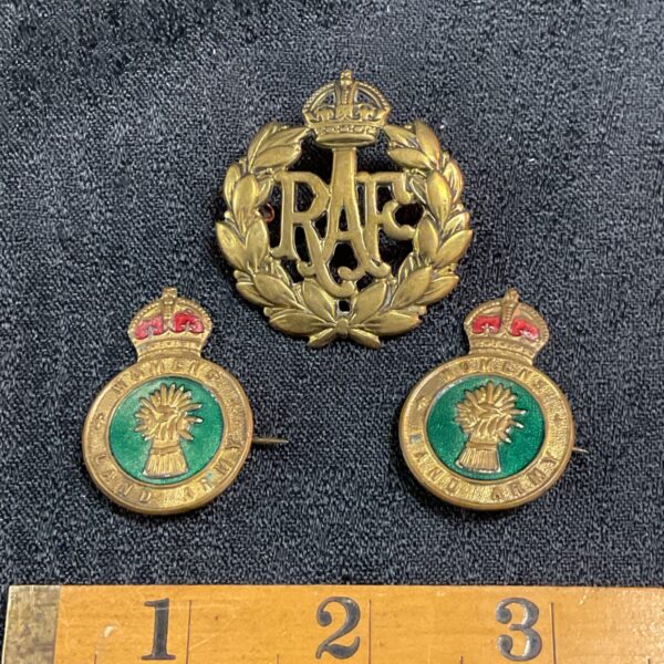 Vintage WWII Land Army and RAF badges, British military collectibles.