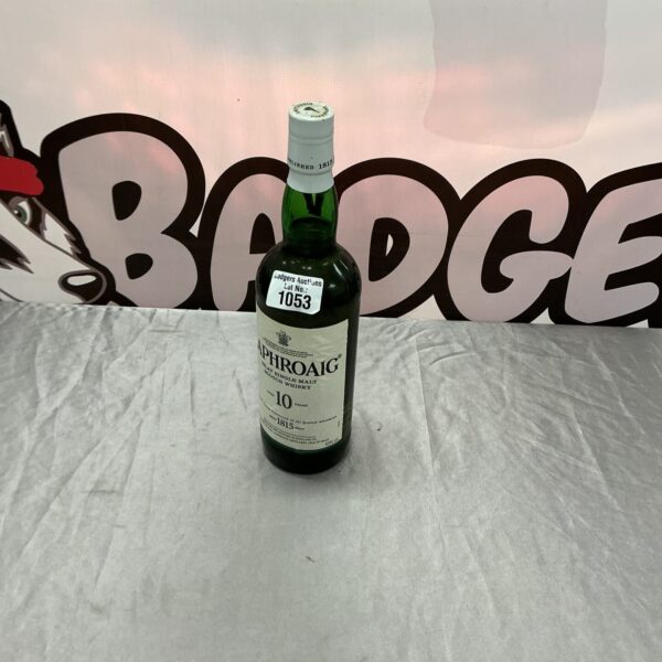 Bottle of Laphroaig 10 year old single malt Scotch whisky.