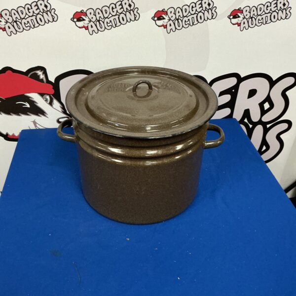 Large vintage enamelled cooking pot with handles.