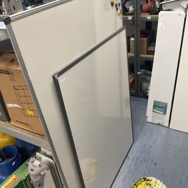 Two large white office whiteboards leaning against a wall.