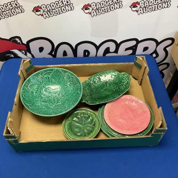 Vintage collection of leaf pattern plates and a Wedgwood bowl.