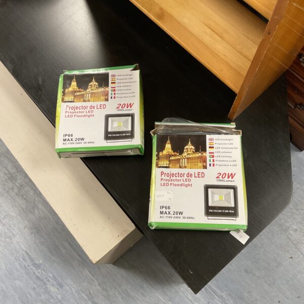 Pair of new 20w LED floodlights for outdoor garden lighting.