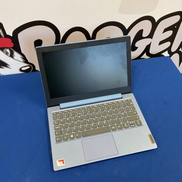 Silver Lenovo IdeaPad Slim 81VR laptop open on a patterned background.