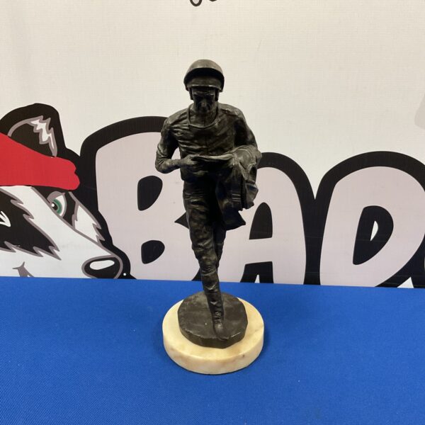 Detailed resin sculpture of Lester Piggott, the famous jockey.