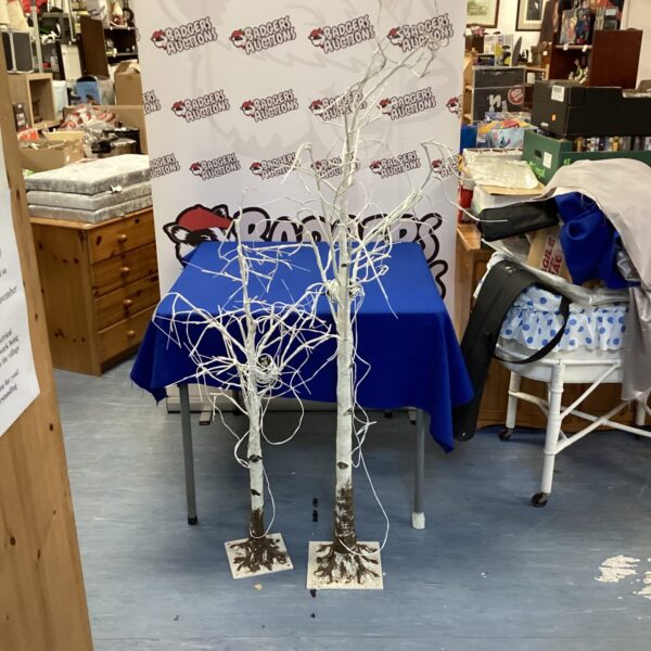 Pair of illuminated Christmas trees for festive holiday decor.