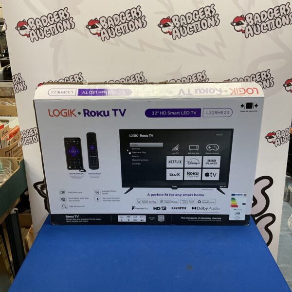 Logik Roku 32 inch smart TV, model L32RHE23, presented for auction.