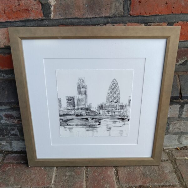 Framed vintage London city print, 20th century cityscape artwork.
