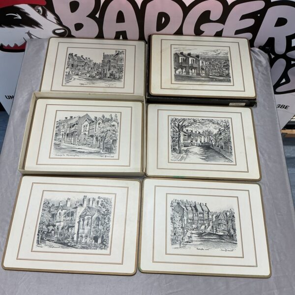 Set of six vintage London street place mats displayed on a table.