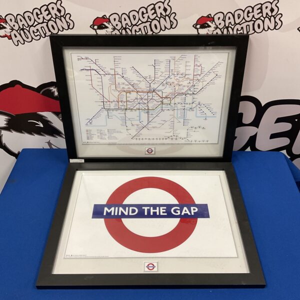 Framed London Underground map print with ‘Mind the Gap’ message.