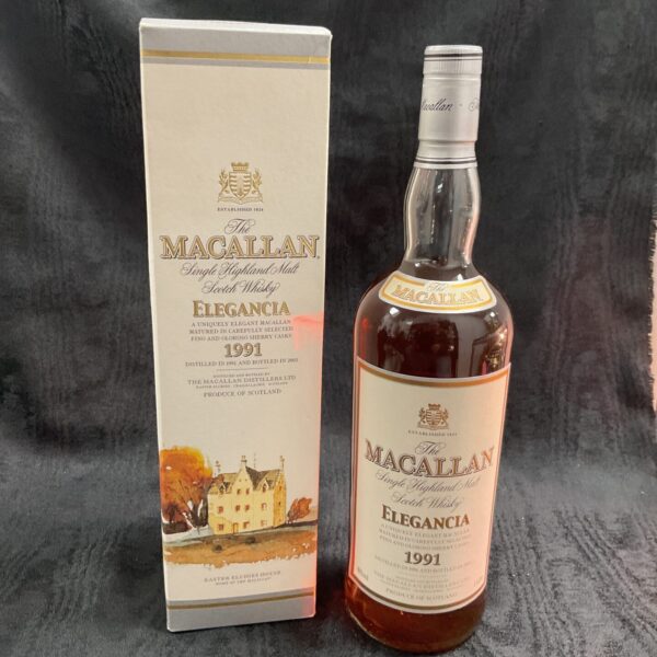 Macallan Elegancia 1991 whiskey bottle with presentation box.