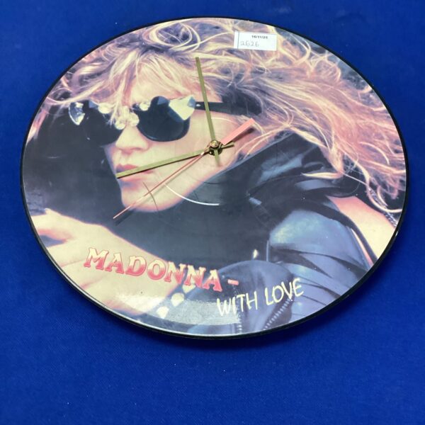 Front view of a Madonna "With Love" vinyl record clock.