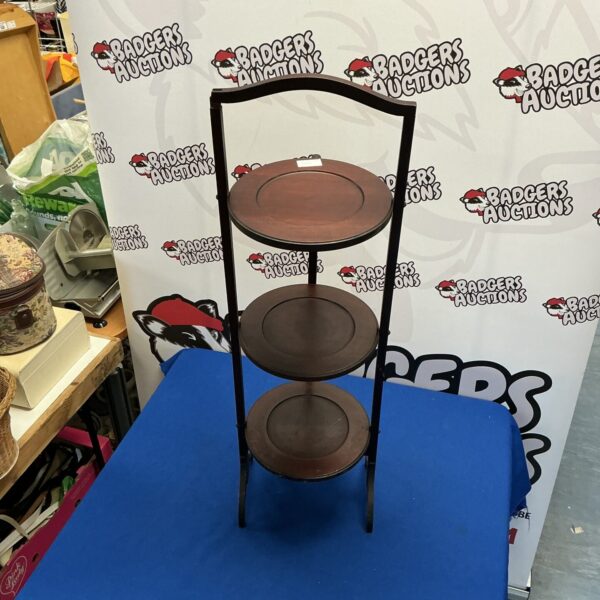 Vintage mahogany three tier cake stand for serving.