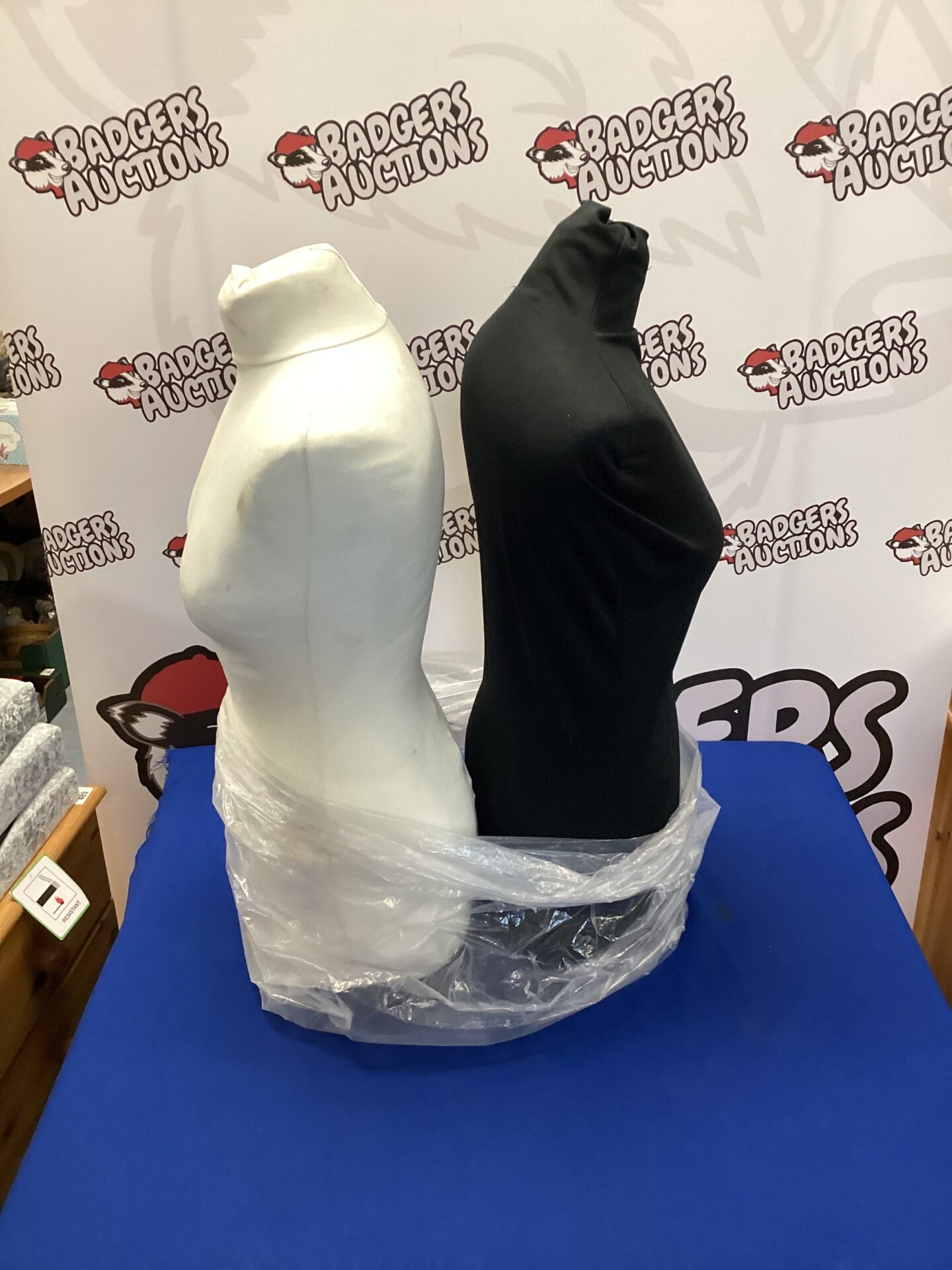 Pair of used female mannequin torsos for clothing display.