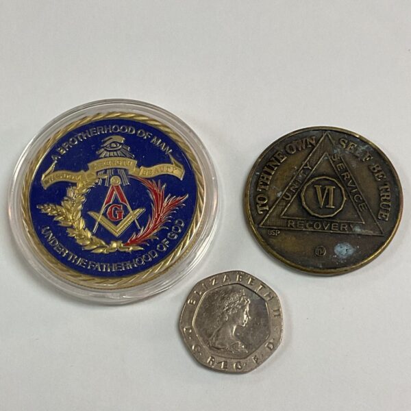 Detailed view of the Masonic Brotherhood of Man medal.