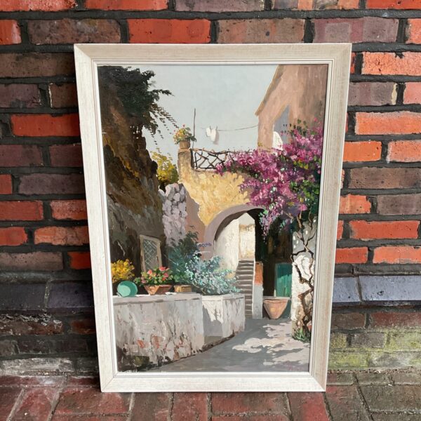 Vibrant 20th century impasto oil painting of a Mediterranean courtyard.