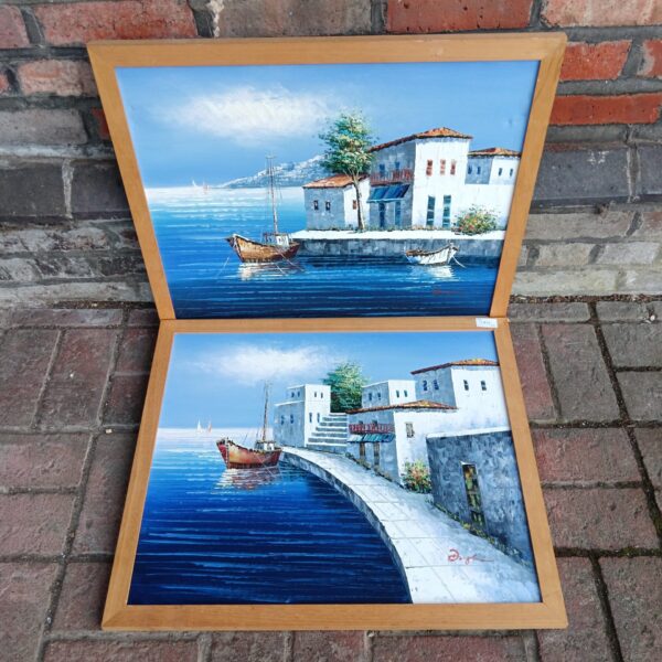 Vibrant Mediterranean port scene painting signed Douglas.