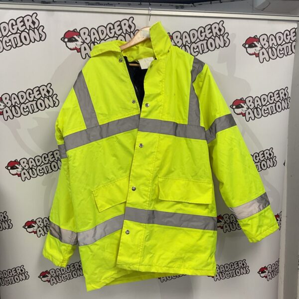 Medium sized hi vis jacket with reflective strips for safety.