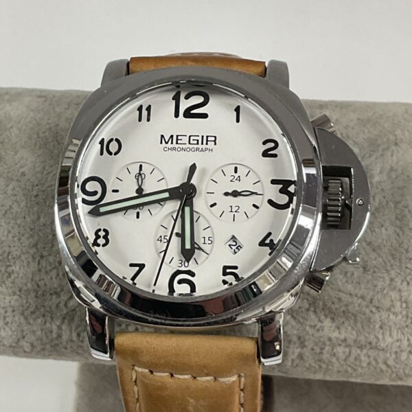 Front view of a Megir quartz wristwatch with leather strap.