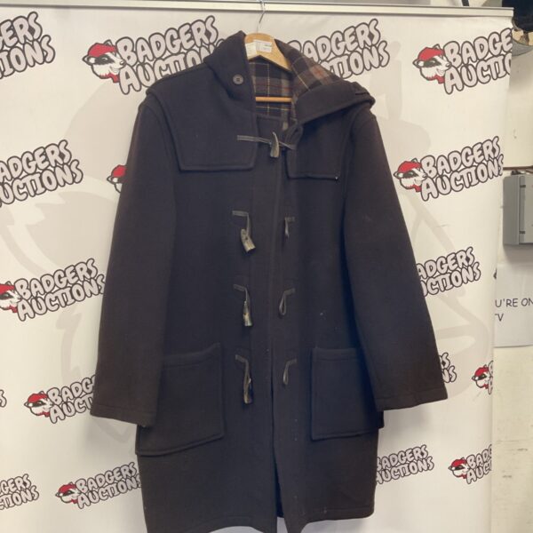 Front view of a vintage mens wool coat.