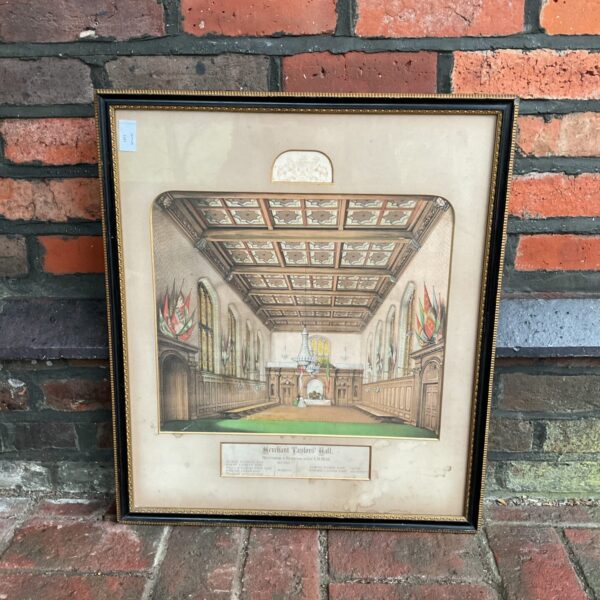 Antique print of Merchant Taylors Hall, a beautiful London building.