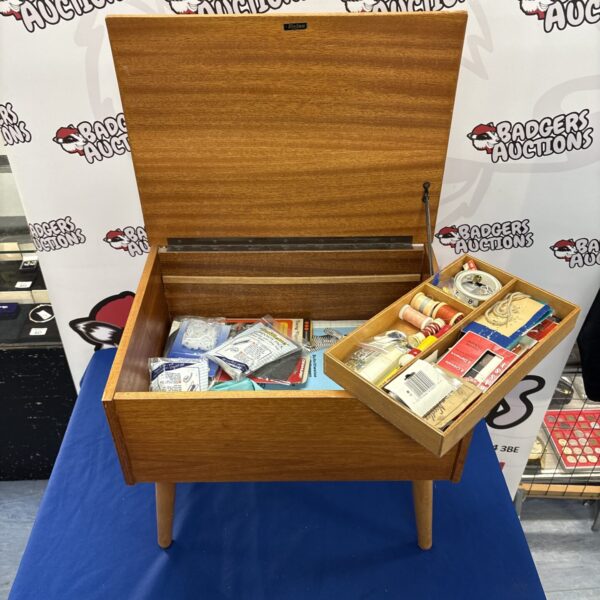 Vintage mid century oak sewing box with contents.