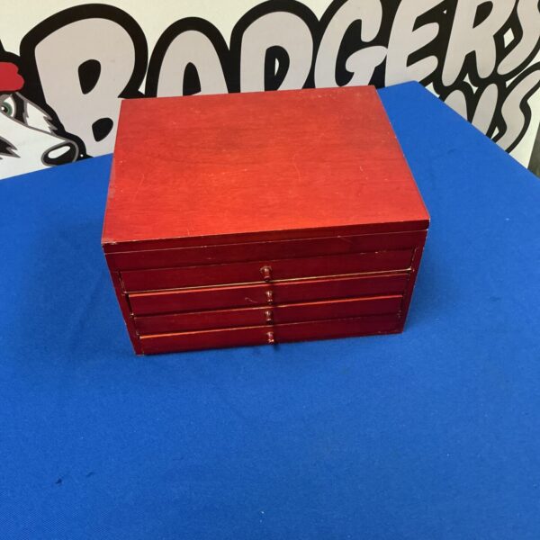 Red wooden mini desktop drawers, small storage organiser.