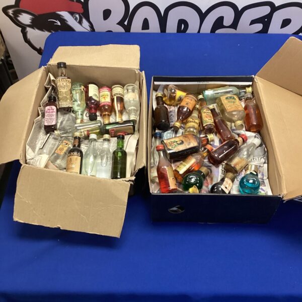 Lot of miniature alcohol bottles including Catz Elixir and Negrita.