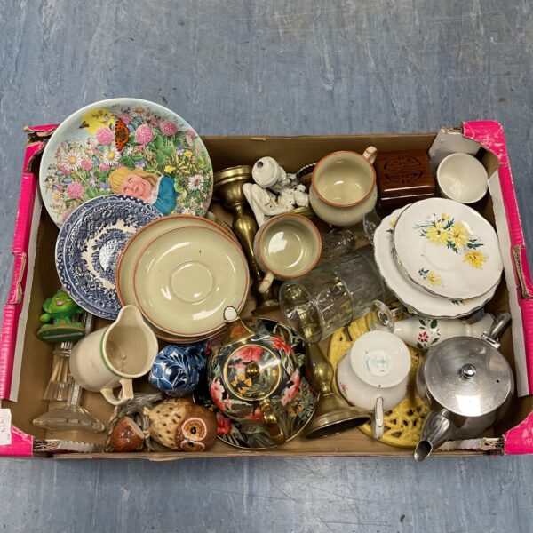 Mixed china and brass lot with Davenport plate and candlesticks.
