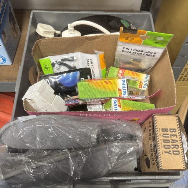 Mixed lot assortment including slippers, lightbulbs, and beard bib.