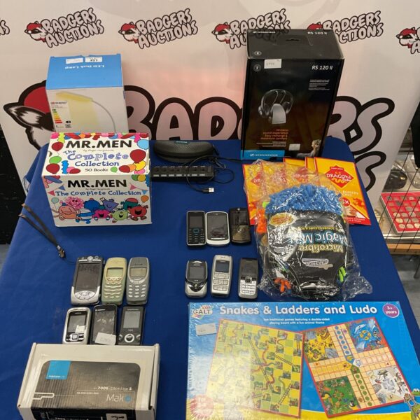 Mixed lot bundle including Mr Men books, mobile phones and Sennheiser headphones.