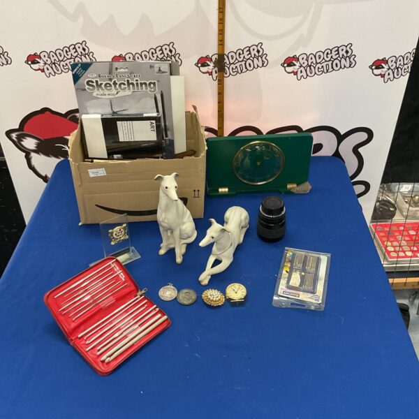 Mixed lot of vintage collectibles including greyhounds and art supplies.