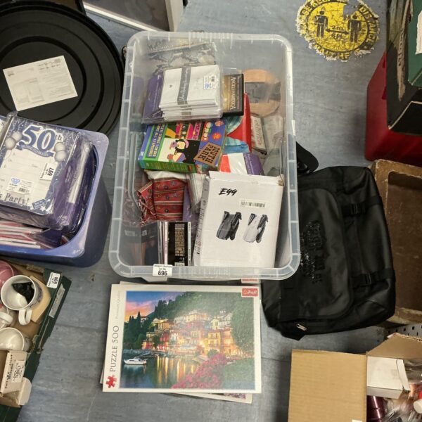 Mixed lot of household items and a laptop bag for sale.