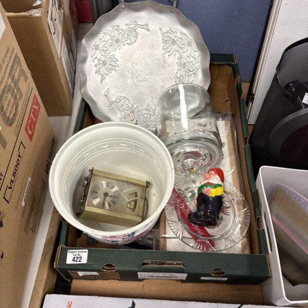 Mixed lot of kitchenware including a glass jar and stainless steel dish.