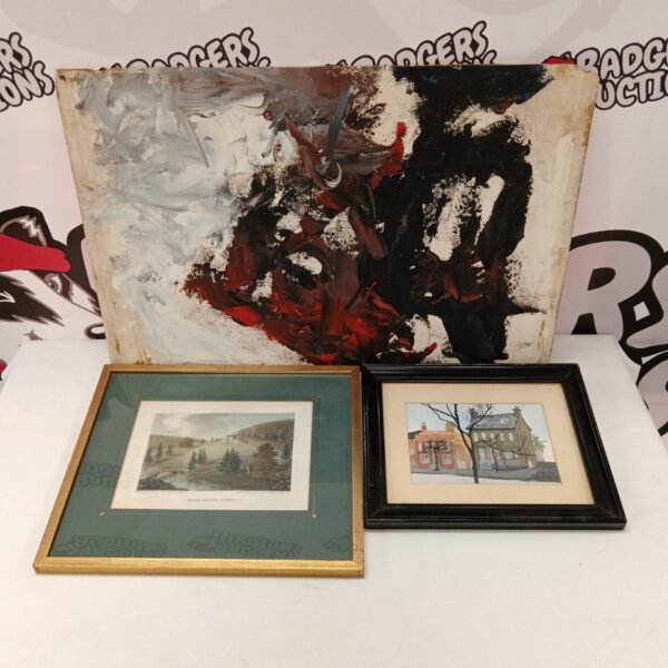 Mixed lot featuring watercolour painting of townhouses and abstract oil painting.