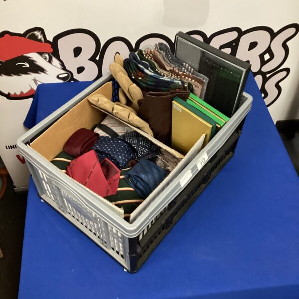 Mixed lot of ties, scarves, and gloves in a plastic container.