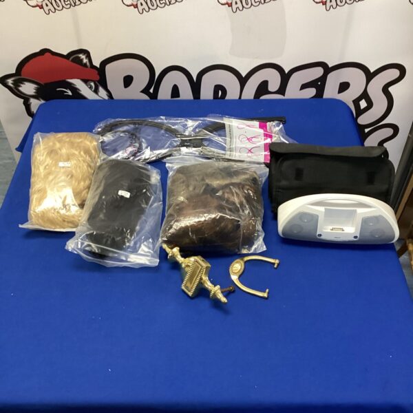 Mixed lot including wigs, MP3 player, and brass door knocker.