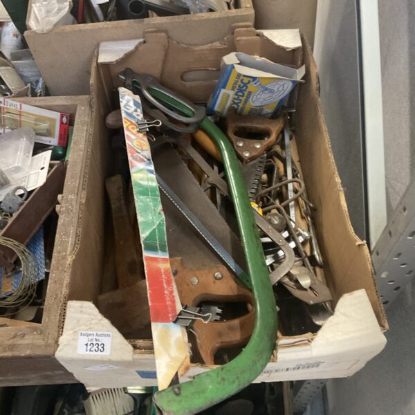 Vintage mixed tool lot in wooden crate for collectors.