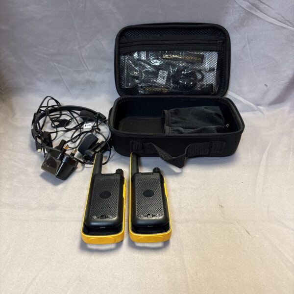 Yellow Motorola walkie talkies set with headphones and cables.