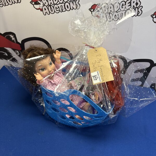 Two My Generation dolls in a woven basket, collectible toys.