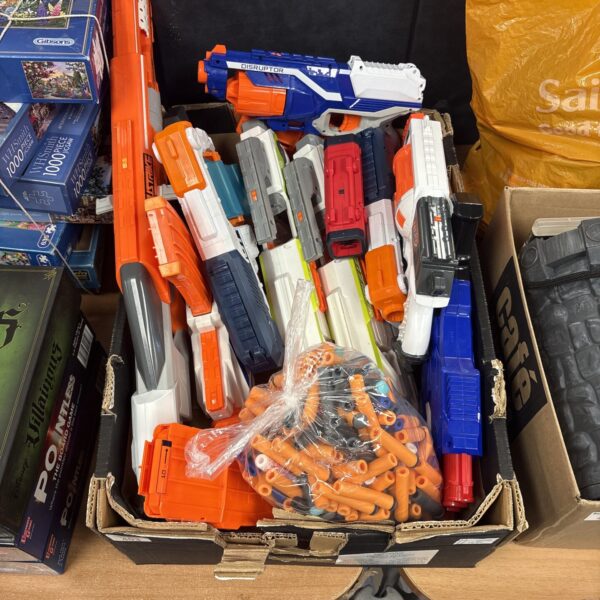 A lot of pre-owned Nerf guns and a bag of foam darts.