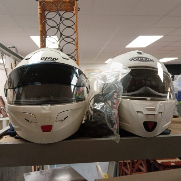 Motorcycle helmets by Nolan and Viper with potential Bluetooth comms.