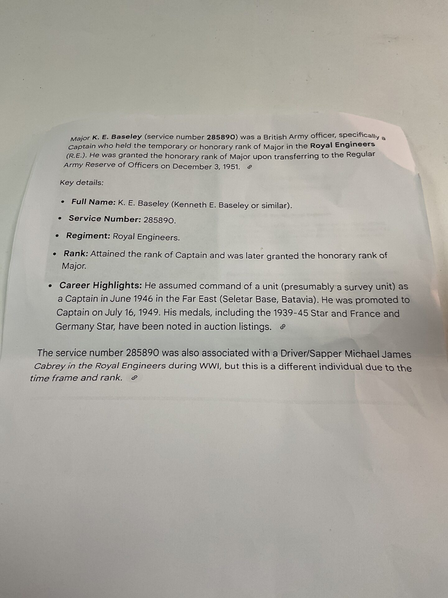Documentation relating to Captain K.E. Baseley, the officer uniform owner.