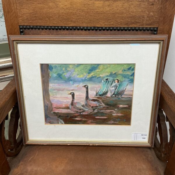 Vintage oil painting of geese by a pond with figures.