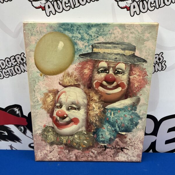 Vintage oil painting of clowns signed by artist Moniner.