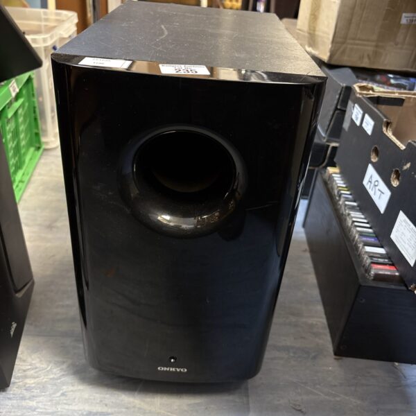 Black Onkyo SKW-501E powered subwoofer for home audio systems.