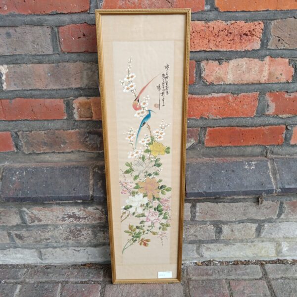 Delicate Oriental watercolour painting of songbirds on silk.