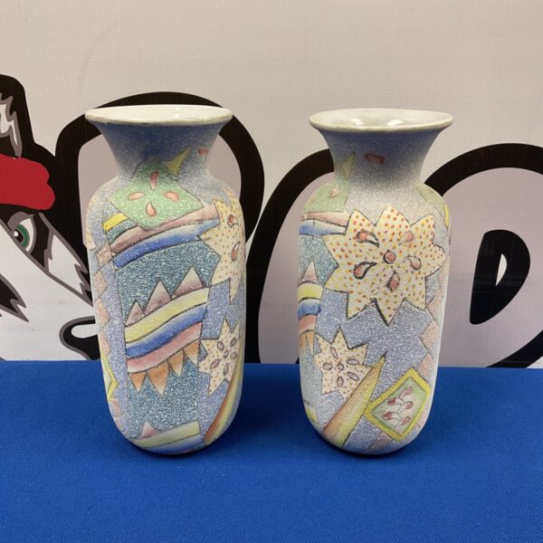 Pair of pastel geometric rainbow vases, 1980s style.